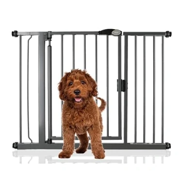 Image of Bettacare Auto Close Pet Gate, 111cm 118cm, Slate Grey, Pressure Fit Stair Gate for Dog &amp; Puppy, Safety Barrier Doors Hallways and Spaces, Easy Installation