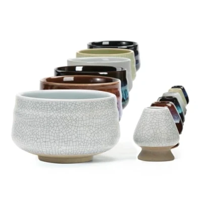 Image of Matcha Whisk and Bowl &amp; Holder, Chasen TEANAGOO MB 5, 18OZ / 510 ML, Matte Ivory White with Black Seam, Bowls Cups Handle Mixing Wisk Stand, Match Sifter Whisker Handmade Brush