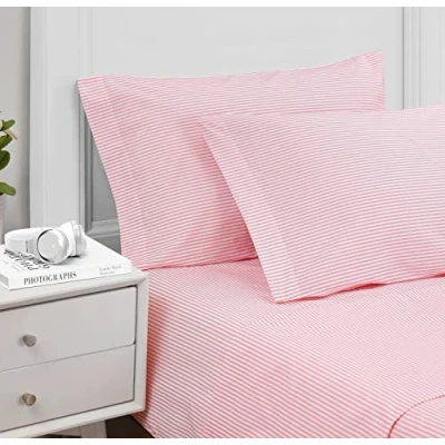 Image of Poppy &amp; Fritz Twin Sheet Set, Cotton Percale Bedding Crisp Cool, Stylish Home Decor (Oxford Stripe Pink, Twin)