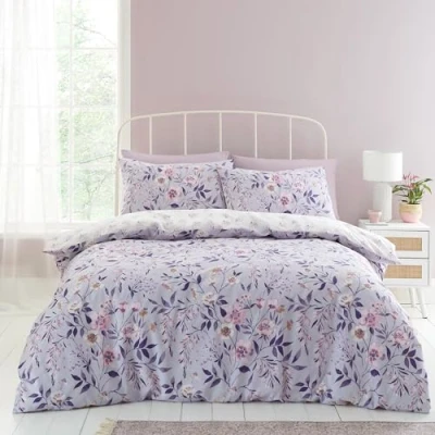 Image of Catherine Lansfield Isadora Floral Reversible Double Duvet Cover Set with Pillowcases Lilac