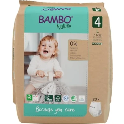 Image of Bambo Nature Premium Training Pants, Size 4/L 7 12kg, 20PK, Pull Ups, Eco Labelled Potty Nappy Secure &amp; Comfortable, Discreet Pants for Active Day Comfy Night&#039;s Sleep