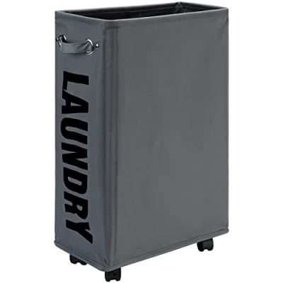 Image of DOKEHOM 25 Inches Slim Laundry Basket on Wheels, Collapsible Rolling Hamper, Foldable Narrow Corner Clothes Storage Bins (Dark Grey)