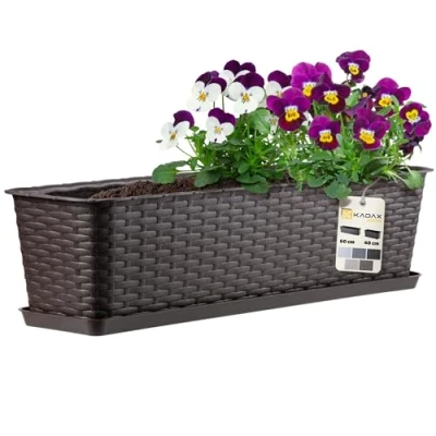Image of KADAX Rattan like Planter, Plastic Long Box with Drainage Holes and Saucer, Rectangular Outdoor Plant Pot for Balcony, Railing, Windowsill (60 cm, Brown)