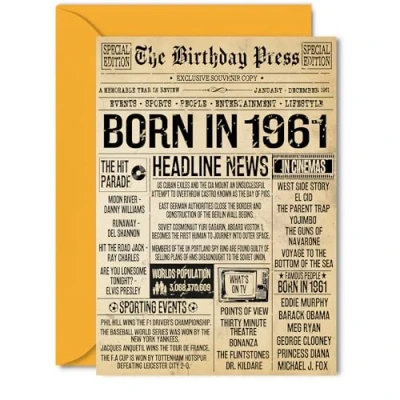 Image of 64th Birthday Card for Women Men Bday Press Newspaper 1961 Happy 64 Cards Friend Brother Grandma Nan Cousin Husband, 5x7 Inch Greeting