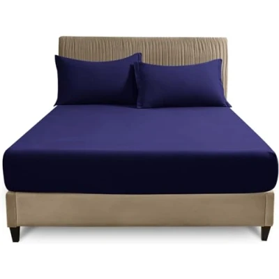 Image of Super Soft Polycotton Percale Sheets, Plain Dyed Bedding Bedsheets, Non Iron Superking Fitted Sheet, Navy