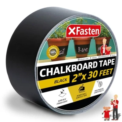Image of XFasten Black Chalkboard Tape Removable, 2 Inch x 30 Foot (50.8mm 9.14m), Black, Smudge Resistant Sticky Label Duct