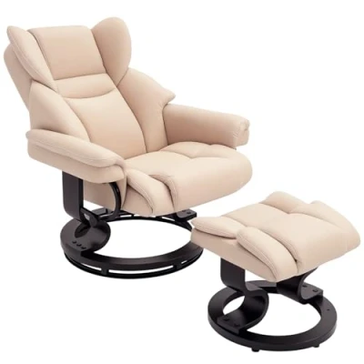 Image of HOMCOM Faux Leather Recliner Chair and Footstool, Swivel Upholstered Armchair Footstool with Adjustable Backrest, Solid Wood Base for Living Room, Cream
