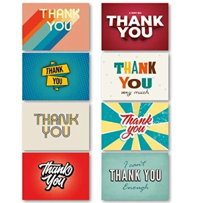 Image of Thank You Cards Multipack of 48. Each Greeting Pack includes 8 Retro designs. 105 x 148mm. Blank Inside. Envelopes included. Made in UK.