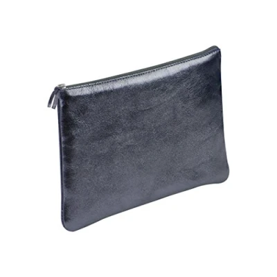 Image of Clairefontaine Ref 8707C Metallic Leather Flat Pencil Case 22 x 11cm, Soft with Suede Interior, Metal Zip Puller Oil Grey Colour
