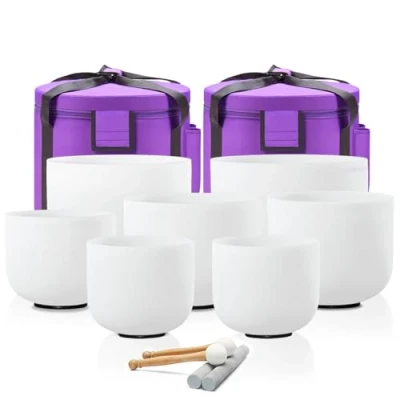 Image of CVNC 432HZ 7 12 Inch Set Of Pcs Frosted Quartz Crystal Singing Bowls With 2 Carrying Case bag Sound Healing