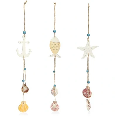 Image of com four® 3x hanging decoration made of wood with starfish, fish and anchor decorative shells to hang up maritime for the home (3 pieces 35 x 5.5cm)