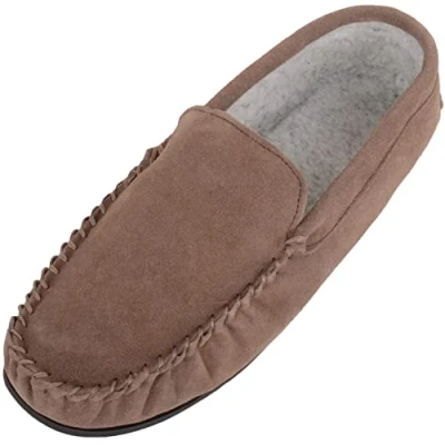 Image of SNUGRUGS Mens Berber Fleece Lined Moccasin Slipper with Non Slip Rubber Sole Taupe UK 12