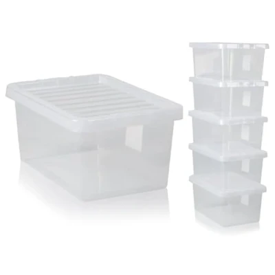 Image of 11L Small Under Bed Plastic Storage Boxes With Lids Pack of 5. Clear, Strong, Stackable, Nestable (5x 11 Litre) Made in GB