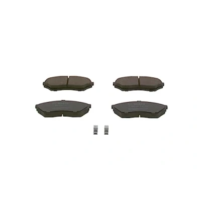 Image of 7670D798, 90R010317002 Brake pad set BOSCH 0 986 424 713 Low Metallic with acoustic wear warning anti squeak plate MITSUBISHI: Shogun Pinin