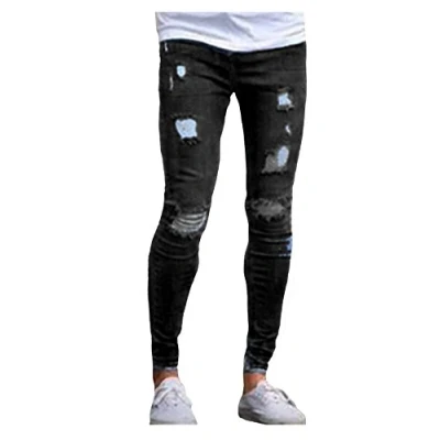 Image of newrong Men Skinny Stretch Ripped Denim Jeans S Black