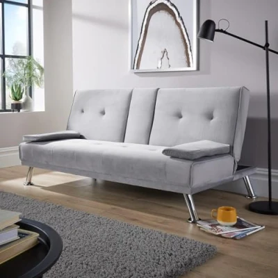 Image of Home Source Double Folding Sofa Bed Couch, 2 Cup Holders, Velvet Recliner Settee, Grey Silver, Metal Legs