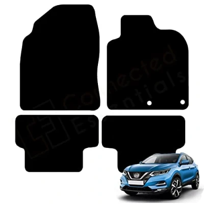 Image of Fully Tailored Car Mats for Nissan Qashqai 2014 2021 (J11), Set of 4 Floor Mats, Black with Trim 2 Safety Clips by Connected Essentials
