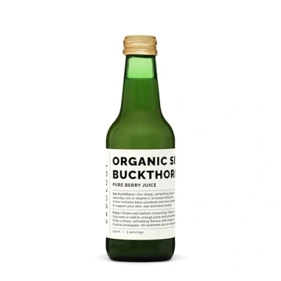 Image of Erbology Organic Sea Buckthorn Juice 250ml Supports Immunity and Boosts Energy High in Vitamin C, Omega 7 Beta carotene Undiluted No Added Sugar Non GMO Recyclable Glass Bottle