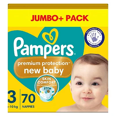 Image of Pampers Premium Protection New Baby Size 3, 70 Nappies, 6kg 10kg, Jumbo+ Pack