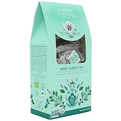 Image of English Tea Shop Mint Green Tea, 15 Fairtrade &amp; Organic Loose Leaf Silken Pyramid Infuser Bags, 30g