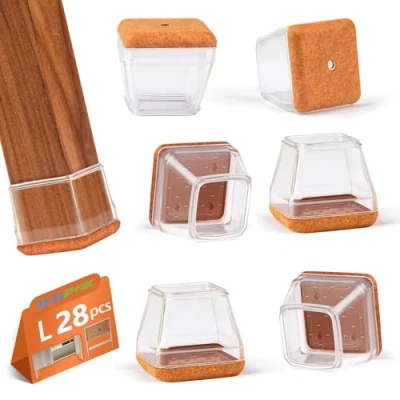 Image of 28Pcs Square Chair Leg Protectors, BAIPOK Silicon Covers Caps for Hardwood Floors, Furniture Feet Protectors Pads Chairs Cups With Felt Pads, No Noise and Scratches (Fit:28 38mm)