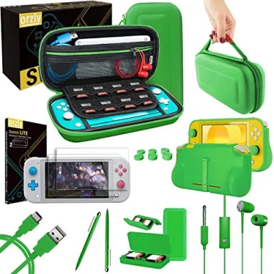 Image of Orzly Switch Lite Accessories Bundle Case &amp; Screen Protector for Nintendo Console, USB Cable, Games Holder, Comfort Grip Case, Headphones, Thumb Pack More Green