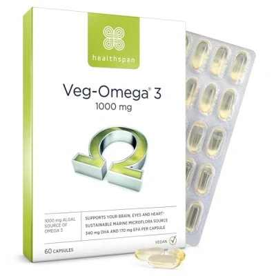 Image of Healthspan Veg Omega 3 1,000mg 60 Capsules Support Brain, Eye and Heart Health Vegan Algal Source No Fish Fatty Acids DHA &amp; EPA Non GMO