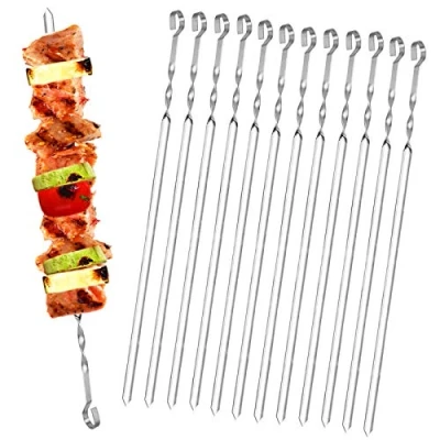 Image of Homealexa 15 Inches BBQ Skewers, 20 PCS Metal Kebab Skewers Stainless Steel Set, Reusable Flat with Bag, Sticks for Outdoor BBQ, Family Party, Shish Kabob