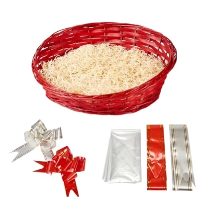 Image of ADEPTNA Premium Wicker Gift Hamper Basket Kit Create Your Own Festive Present Includes Cellophane Bag Ribbon and Wood Wool (RED)