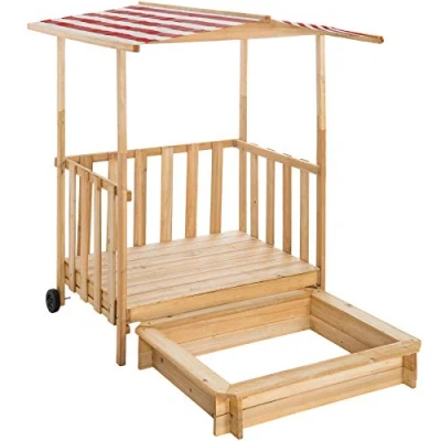 Image of TecTake 800792 Outdoor Sandbox for Children, Wooden Veranda with Railings, Garden Playhouse, Sandpit, Rollers, Kids Play Area, Protection Sunroof (Red)