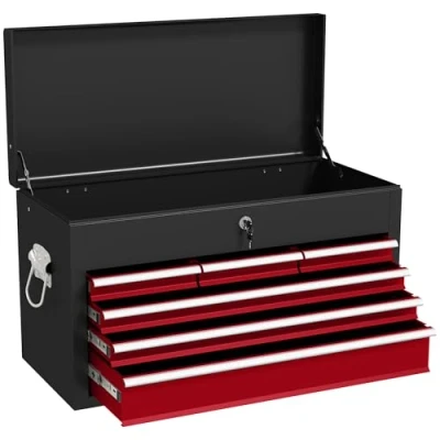 Image of HOMCOM 6 Drawer Tool Chest, Lockable Metal Box with Top Case, Ball Bearing Runners, Portable Toolbox, 600mm x 260mm 340mm, Red