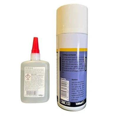 Image of Soudal Mitre Kit Superglue Activator Adhesive Fast Bonding Jumbo Trade Pack (100g Glue &amp; 400ml Activator)