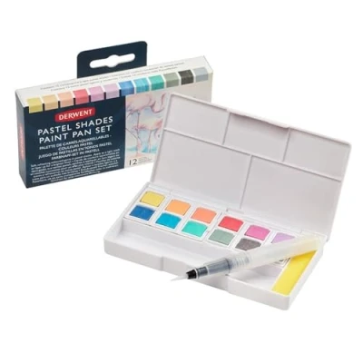 Image of Derwent Pastel Shades Paint Set, Set of 12 Assorted Pans, Includes Mini Waterbrush, 5 x Mixing Palettes, 1 Sponge, Portable 2305865
