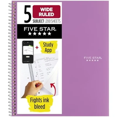 Image of Five Star Spiral Notebook + Study App, 5 Subject, Wide Ruled Paper, Fights Ink Bleed, Water Resistant Cover, 8&quot; x 10 1/2&quot;, 200 Sheets, Amethyst Purple (38739)