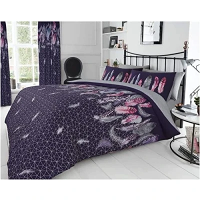 Image of FAIRWAYUK Feathers Purple Duvet Cover Set Double, Reversible Quilt Bedding With Pillowcase, Ultra Soft, Easy Care