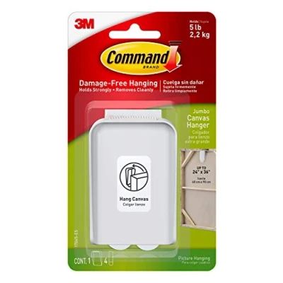 Image of Command Jumbo Canvas Hanger Hook, Pack of 1 Hook and 4 Adhesive Strips, White Damage Free Hanging For Framed Pictures, Prints Art Holds up to 2.2kg