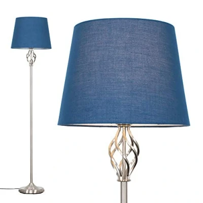 Image of MiniSun Traditional Style Satin Nickel Barley Twist Floor Lamp with a Navy Blue Tapered Light Shade