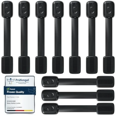 Image of ECHOCUBE Cupboard Locks for Children, 10 Packs Adjustable Baby Proof Cabinet with 3M Adhesive, Child Safety Drawers, Fridge, Toilet, Trash No Drilling Needed (Black)