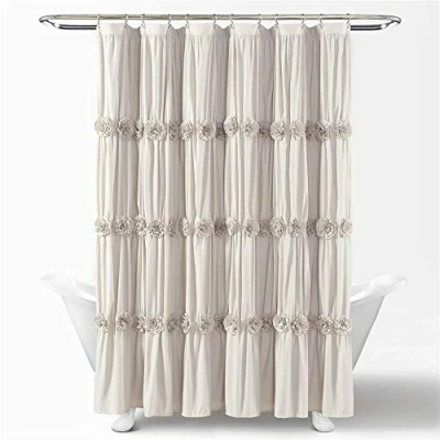 Image of Lush Decor, Neutral Darla Shower Curtain Ruched Floral Vintage Chic, Farmhouse Style Design, 72 x