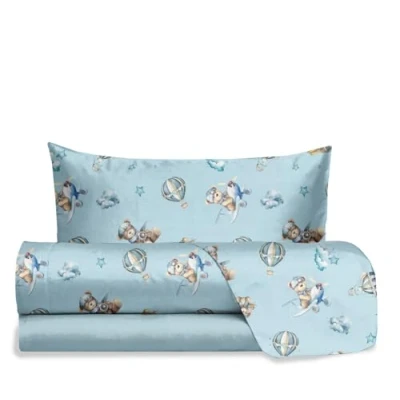 Image of Hermet Jolly Teddy Bear Bedding Set Single Bed Light Blue, 100% Cotton, Top Sheet + Fitted Pillowcase, for Bedroom