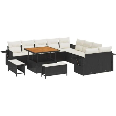 Image of vidaXL 13 Piece Garden Sofa Set with Cushions Black Poly Rattan Acacia