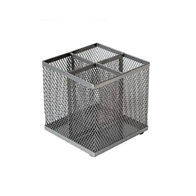 Image of OSCO Silver Wiremesh Square Pen Pot 4 Sections Pencil Holder Desk Tidy Office Organiser Makeup Storage Cosmetics Display H10.5 x W10 D10 cm