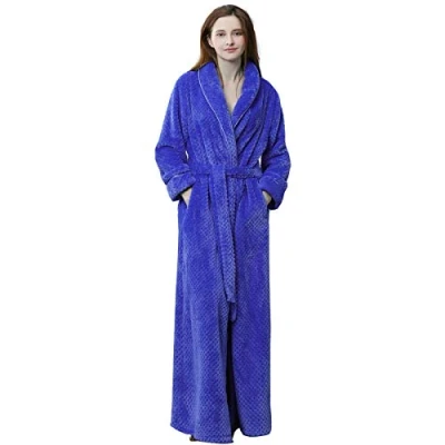 Image of Kinloy Ladies Long Length Lightweight Shaggy Dressing Gowns Plus Size Pockets Elegant Bath Robe Nightwear Blue XL 14 20 UK