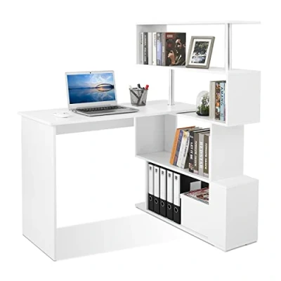 Image of Mondeer L Shaped Computer Desk, Corner 360 Degree Rotatable Shelves, Space Saving Table with Spacious Storage for Home Office Workstation Study, 157 x 45 130.5 cm, White