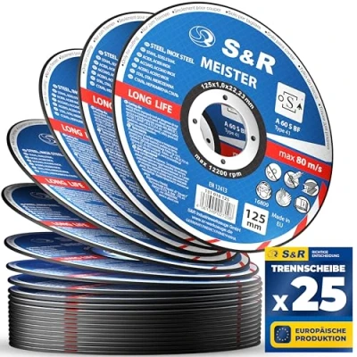 Image of S&amp;R 25x Ultra Thin Metal Cutting Discs 125 * 1,0mm for Angle Grinder, 1mm Thin, Inox, Stainless Steel, Steel A60 S BF