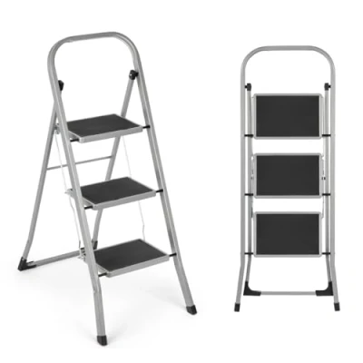 Image of 3 Step Ladder, Portable Folding Ladder Lightweight Sturdy Steel with Anti Slip Feet, Easy to Store Stools for DIY and Gardening, 150kg Capacity,Grey