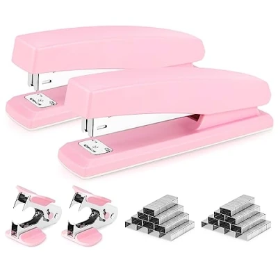 Image of Deli Stapler, Desktop 2 Pack, Office 25 Sheet Capacity, Includes 2000 Staples and Staple Removers, Pack,Pink