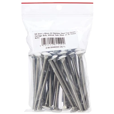 Image of AHCM6 6mm x 80mm A2 Stainless Steel Cup Square Carriage Bolts Without Nuts (Pack of 25 Coach Bolts)