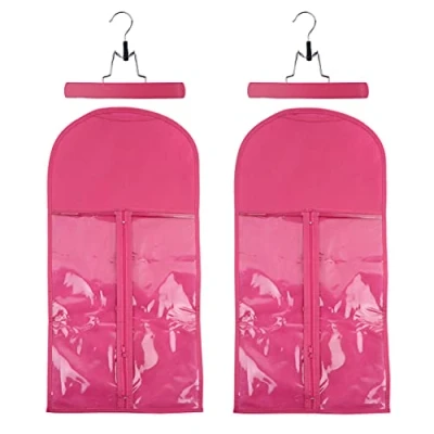 Image of 2 Pcs Wig Hair Extensions Storage Bag with Wooden Hanger Portable Bags Dust proof Bag（ Pink ）
