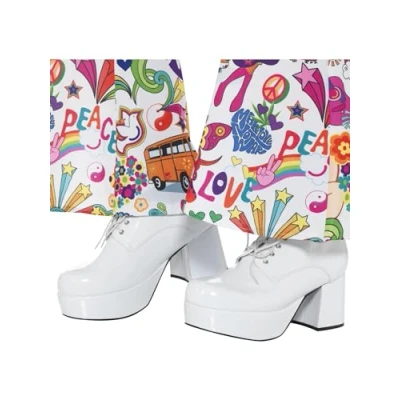 Image of Smiffys 70s Mens Platform Shoes, White 3 inch Heel, 1970&#039;s Disco Fancy Dress, 1970s Dress Up Accessories